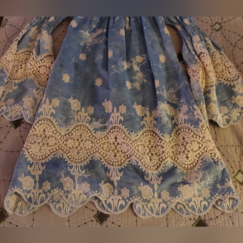 NWOT Union Of Angels Embroidered Blue And Cream Cotton Dress Bell Sleeves XS - Picture 6 of 14